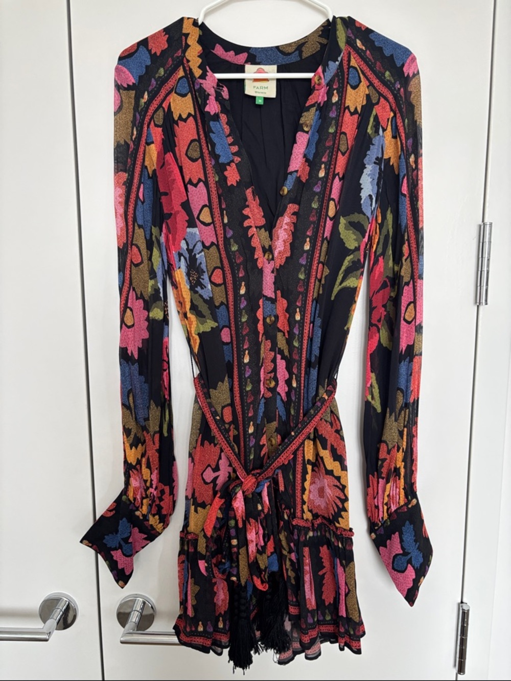 Farm Rio Black Floral Long-Sleeve V-Neck Mini Dress